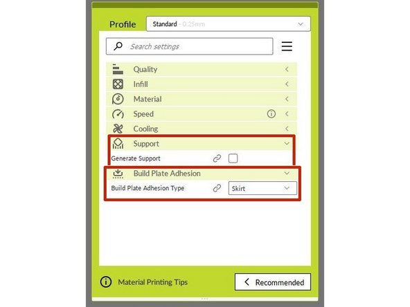 If your object needs supports Cura will recommend adding them to areas that are highlighted red.