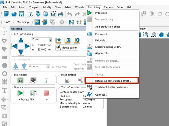 With the copper taped down, close the lid to the mill.  Within CircuitPro click on Machining and Determine camera head offset.