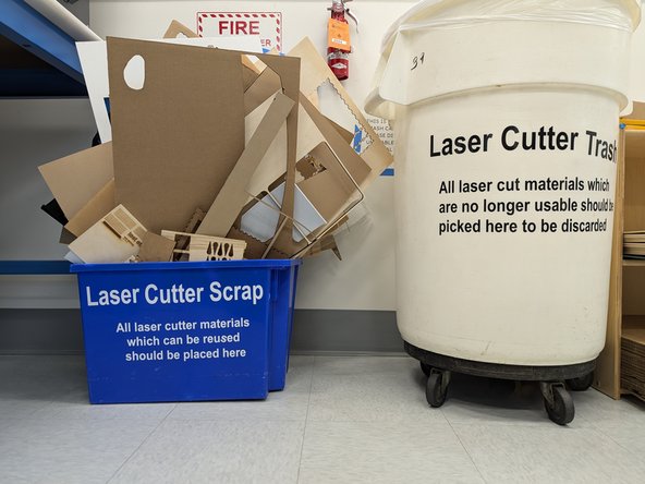 When your design and the remaining stock material has been removed, place the stock in the scrap bin.  If you feel like there is no usable space left on the stock you may throw it away in the laser cutter trash can.