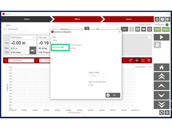 Click the dogbone icon to open the &quot;Specimen Configuration&quot; window.