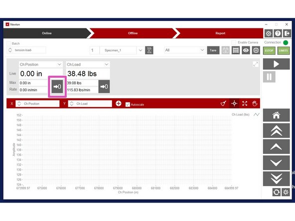 Use the &quot;Tare&quot; button or load zero button to zero the load cell reading now. Once the bottom grip contacts the specimen a small amount of preloading of the specimen may be unavoidable.