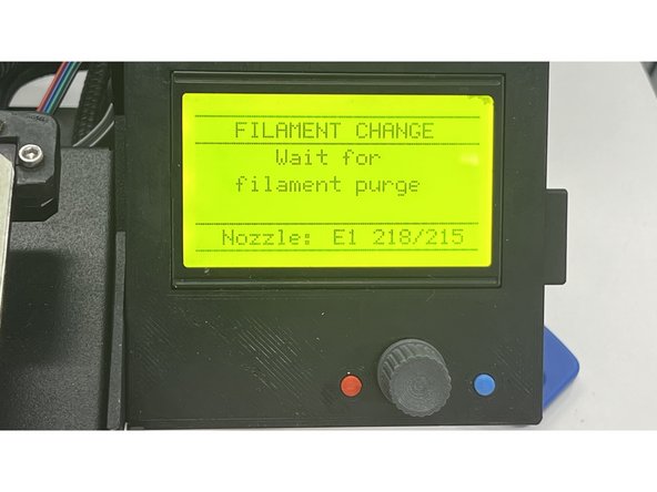 Follow the instruction on the pad, it will purge some filament automatically. Hit purge more if you did not see filament coming out from the head. After you see filament out, hit continue and you finished replacing the filament!
