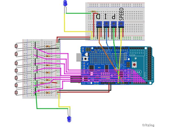 Objective: The objective of this step is to mitigate the problem of ambient light changes and shadows which may impact what the robot detects to be the line vs. the floor by including 2 blue LEDs as backlights for the photoresistors.