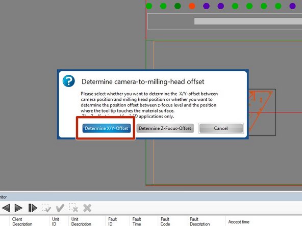 In the next window, click Determine X/Y Offset.  If the 1.5mm drill bit is not currenlty in the collet (typical), you will be prompted to replace the current tool with the 1.5mm drill bit.  Click Replace.