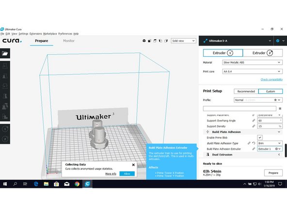You must check the Build Plate Adhesion Extruder in the Custom Menu. This is also where you will be able to select the Adhesion Type you would like to apply (None, Raft, Skirt or Brim).