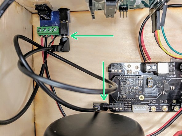 Locate the small analog audio-in PCB in your bag and insert it in the bottom left side of the Arduino from pin A5 to GND.