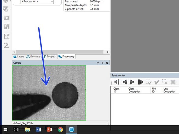 If the camera displays your pointer, you may proceed.  If you do not see your probe on the screen the camera is looking at the wrong 1.5mm hole.  Note that the diameter of the fiducial holes is the same as those used for copper rivets!