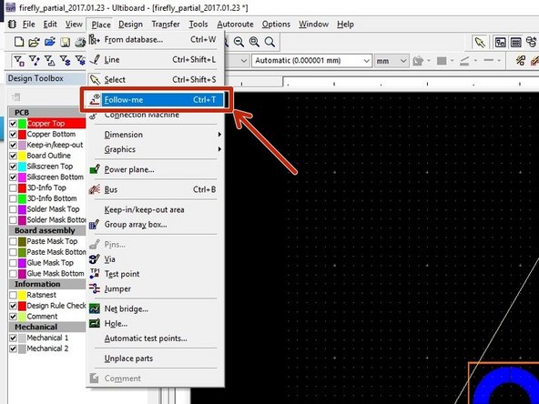 Now choose Place -&gt; Follow-me from the toolbar.  This method of placing traces will suggest possible automated routes, but allows you some flexibility in customizing these routes.  It is a nice trade-off between automation and customization.