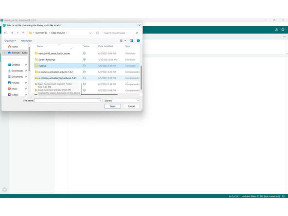 Go to your designated folder for Edge Impulse and locate the ei-motion_activated_LED file (second image). Double click and wait for the library to download.