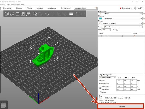 Once you are satisfied with the orientation of the part, select the &quot;Slice now&quot; button on the bottom right of the window.