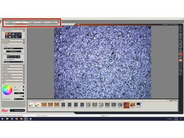 The mode bar at the top of the LAS window allows the user to switch between various operation modes. For nearly all tasks, users will find they only need concern themselves with the &quot;Acquire&quot; and &quot;Analysis&quot; modes. Regardless, clicking on a mode in the mode bar will change the application to that mode.