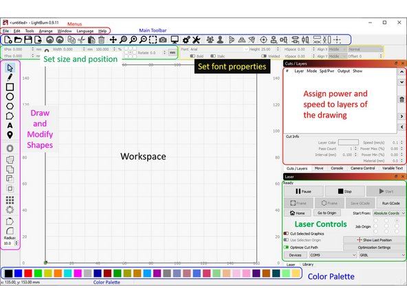 The Lightburn software interface is somewhat intimidating, since it supports a lot of features.  The next few steps will walk you through the basic steps of cutting and engraving.   For a more in-depth exploration see this tutorial.