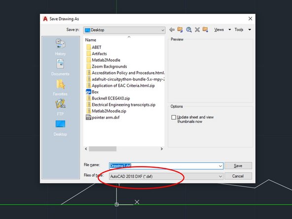 Next Save As then select “AutoCAD 2018 DXF”.  DXF stands for Drawing eXchange Format and this file type can be imported by the laser cutter.
