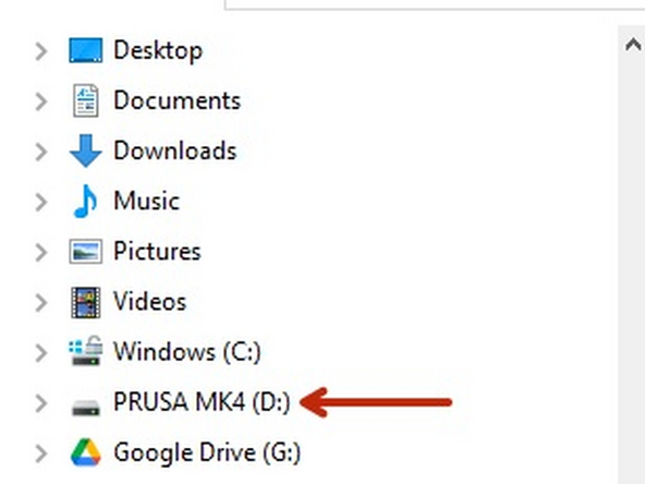Connect the printer file storage (SD card or USB flash drive, depending on the printer) to the computer.  Note the name of the storage should match the printer you are using.  In this example we are using the Prusa MK4.
