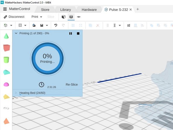 MatterControl will present a dialog window that will update in realtime as the print process begins.  At this point the bed and nozzle will heat up.  When both reach their respective set points the printer will begin to create your object.