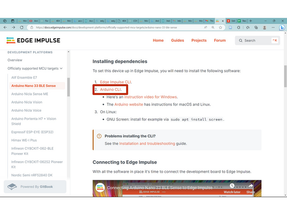 Go back to the Arduino Nano 33 BLE main page and scroll down until you see Arduino CLI. Click on the link: https://arduino.github.io/arduino-cli/la... in the RED box.
