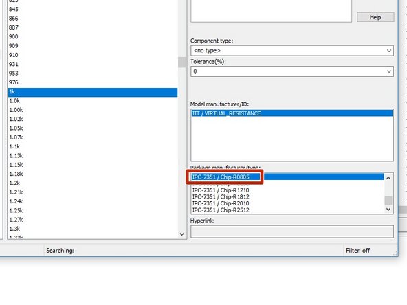 Similar to the capacitor you placed previously, when placing your resistors, not only do you need to choose the correct resistance value (from the table provided) but you also need to choose the correct package - 0805 in this case.