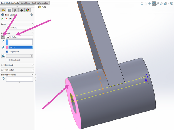 Create an Extruded Boss and rotate your view so that you can see the opposite side of the arm.  Use the direction button again to ensure your boss is pointing the correct direction.  Choose Up To Surface from the dropdown menu and then select the face of the opposite shaft extrusion which should highlight pink.  See first example image.