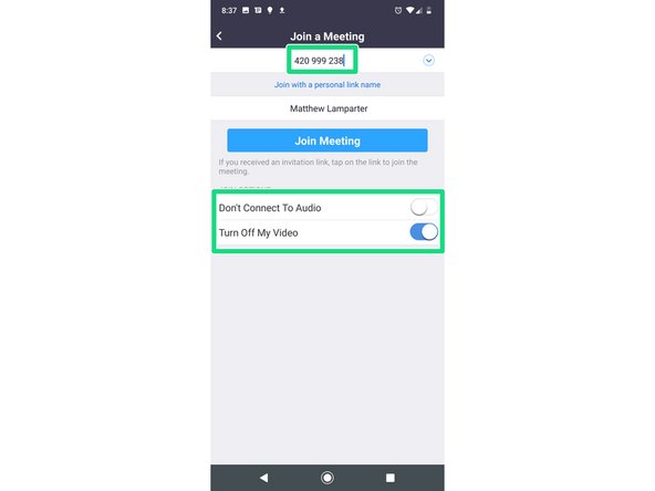 Switch to the Zoom app on your phone.  Tap Join and type the meeting ID you found in the previous step.  Be sure to set the slider for Don't Connect To Audio to the left, and the slider for Turn Off My Video to the right.
