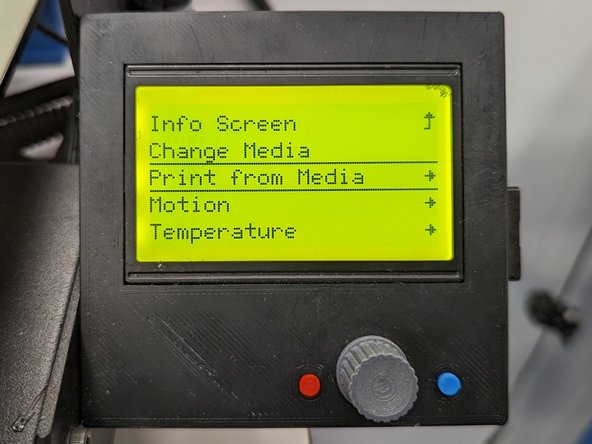 With the SD card loaded, press the scroll knob on the controller interface.  This will bring up the Main Menu.  You should rotate the knob until Print from Media is selected.  Press the scroll knob to confirm your selection.