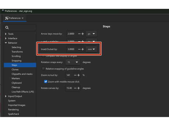 Go to preferences&gt;behavior&gt;steps and change the inset/outset to 3 mm.