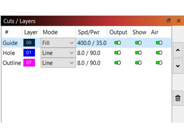 Check the order of the cut layers. The design should be first, followed by the holes, then the outline. Change to mode on the design layer to fill.