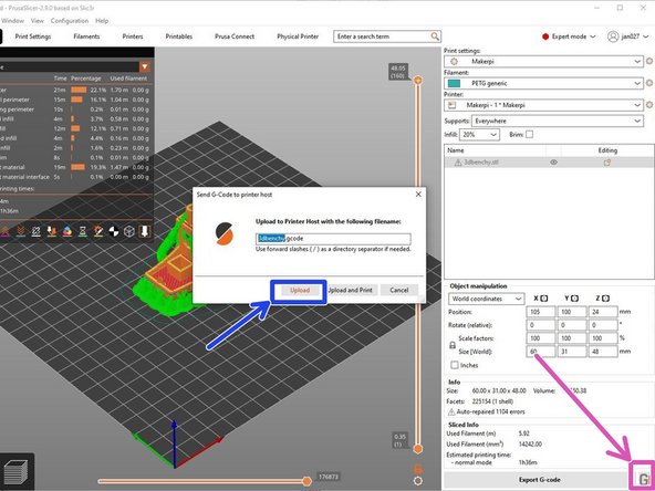 Once the file looks ready to print, select the &quot;G&quot; button in the bottom right of the window.