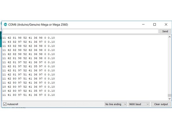 Test if your calibration was successful by checking the serial monitor. The first seven values are for the photoresistors, then the serial monitor shows the maximum, minimum value and an error calculation. You should clearly be able to see the values change when facing the floor vs. the tape.