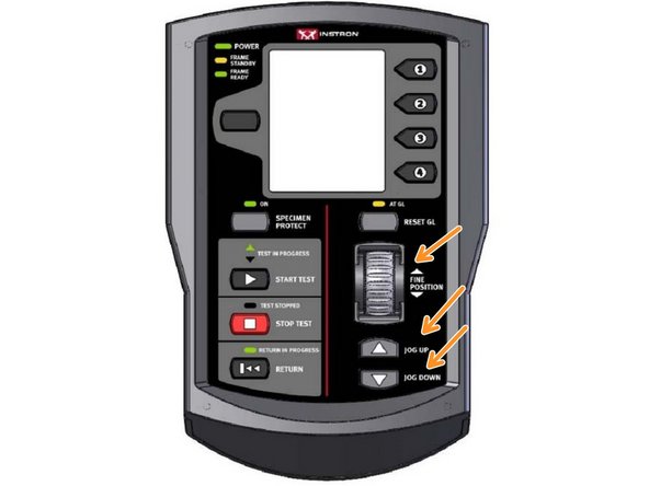 Once the software connects with the Instron you should be able to Jog the grip using the controller panel to a location which will be used when starting the test.