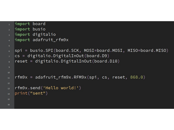 The LoRa board will run code stored in code.py, but it will also run commands in the REPL. You have the choice of inputting all code in the REPL and then typing new commands to receive or send data, or entering all code into code.py and saving to re-send or update instructions.