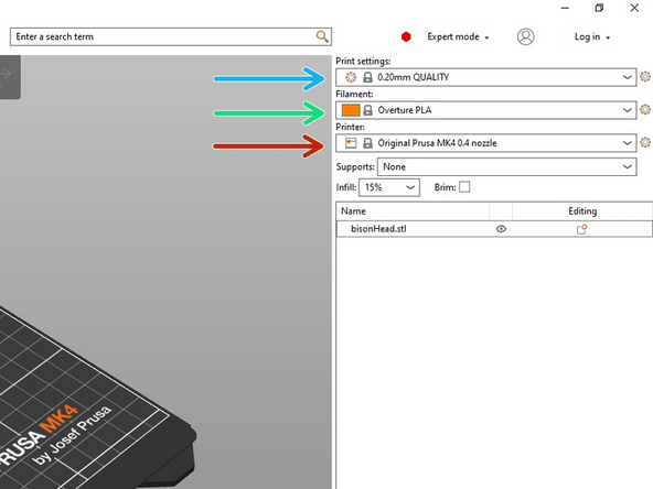 Make sure you know which printer you wish to use for your print.  Choose the appropriate printer from the Printer drop down menu.  In this example we will use the Original Prusa MK4 0.4 nozzle.
