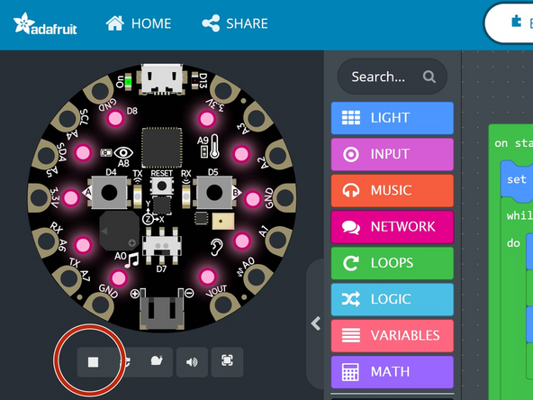 Check that your code works by hitting the play/pause button under the board on the right side of the screen.