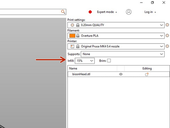 Choose how dense you would like your print.  An Infill of 0% will print a hollow shell while an infill of 100% will be completely solid.  Higher infills result in more durable parts but at the expense of longer print times and more filament usage.