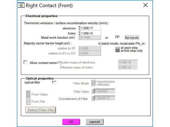 Click on “right contact (front)” to modify the right contact. Change the parameters as shown in the picture. Click “OK” when finished.