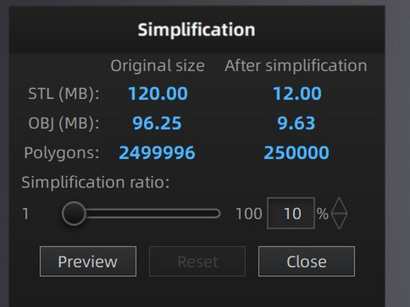 There is an option to reduce the file size of the mesh, as scanning creates large files (&gt;100 mb)! The quality will be slightly reduced if you do this. You cannot reverse this process, so make sure to preview the simplified mesh!