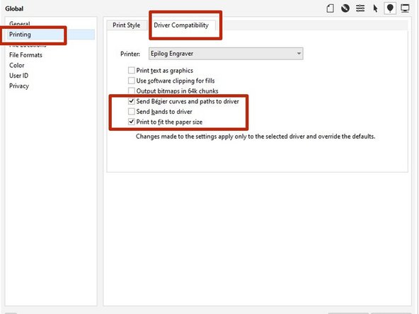 Select &quot;Printing&quot; on the left side then select &quot;Driver Compatibility&quot;.