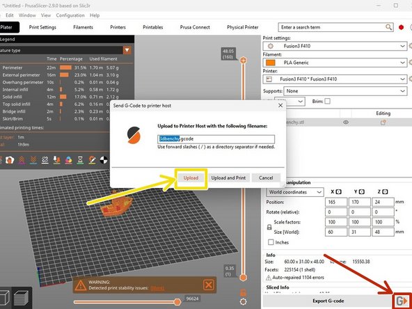 Once the file looks ready to print, select the &quot;G&quot; button in the bottom right of the window.