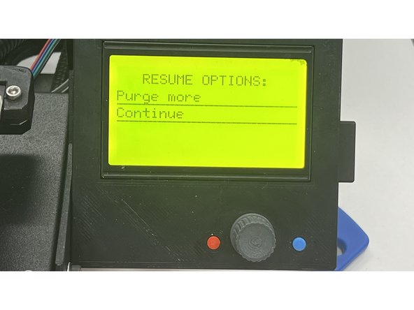 Follow the instruction on the pad, it will purge some filament automatically. Hit purge more if you did not see filament coming out from the head. After you see filament out, hit continue and you finished replacing the filament!