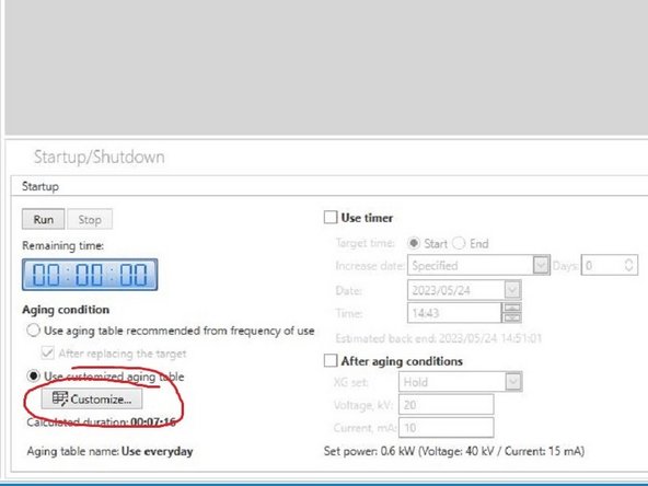 Under Startup, click customize to select the correct aging (or how long it's been since instrument was last used).