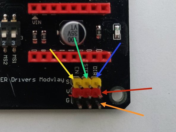 There are various Arduino pin configurations that can work; for clarity, this example uses the following: