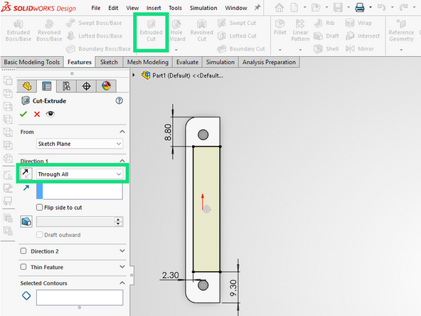 Return to the Features tab and choose Extruded Cut.