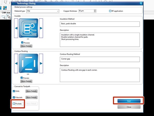 Uncheck the box next to Pockets at the bottom of the Technology Dialog window.  Then click Start.