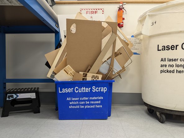 Check the bin near the Thunder laser first to see if your project will fit on used material.  It is wasteful to always use fresh stock when working on a project. Whenever possible you should sort through the used stock in the blue bin underneath the plywood table.