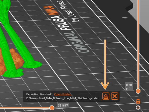 Note:  you may see a window alerting you about binary G-code.  If you are using the Prusa MK4 or Prusa XL printer you can safely ignore this warning and click OK.  The Prusa MK3S+ and MakerGear M2 printers should use standard (non-binary) G-code.