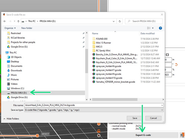 Click on Export G-code at the bottom right of the screen.  When prompted, be sure to save file to the storage medium you just connected.