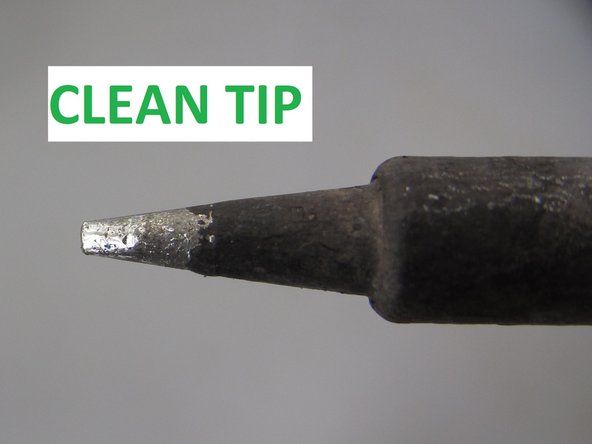 In order for heat to transfer from the iron, the tip must be free of debris and corrosion.  You can tell if your iron tip is clean by the color.  A dull, grey or black tip is corroded and will not transfer heat properly.  A clean tip is silver and shiny and will allow solder to melt and flow properly.
