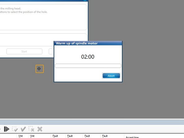 Once you have confirmed that you are controlling the mill head and the cross hairs are in the orange box, click the Start button to begin drilling your alignment hole.