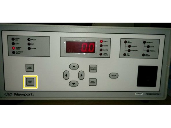 When the test is done (there is no more numbers displayed on the screen of the source meter), turn the lamp off by pressing the Lamp Off button on the power supply. Check if the Shutter Open indicator is still on. If so, press the Open/Close button to close the shutter. Make sure the indicator is off. Turn on the room light.