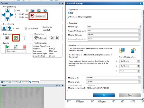 With the copper in place it is necessary to define the bounds of your material in the milling software.  The green rectangle in the Machining view represents the entire mill bed.  The orange rectangle is where CircuitPro assumes the bounds of your copper clad are located.  These bounds must be updated to represent the copper you just placed.