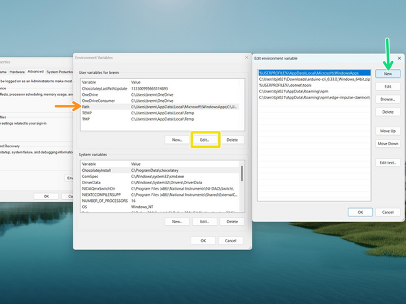 Once copied, go to your Environmental Variables and select &quot;PATH&quot; (at the end of the ORANGE ARROW).